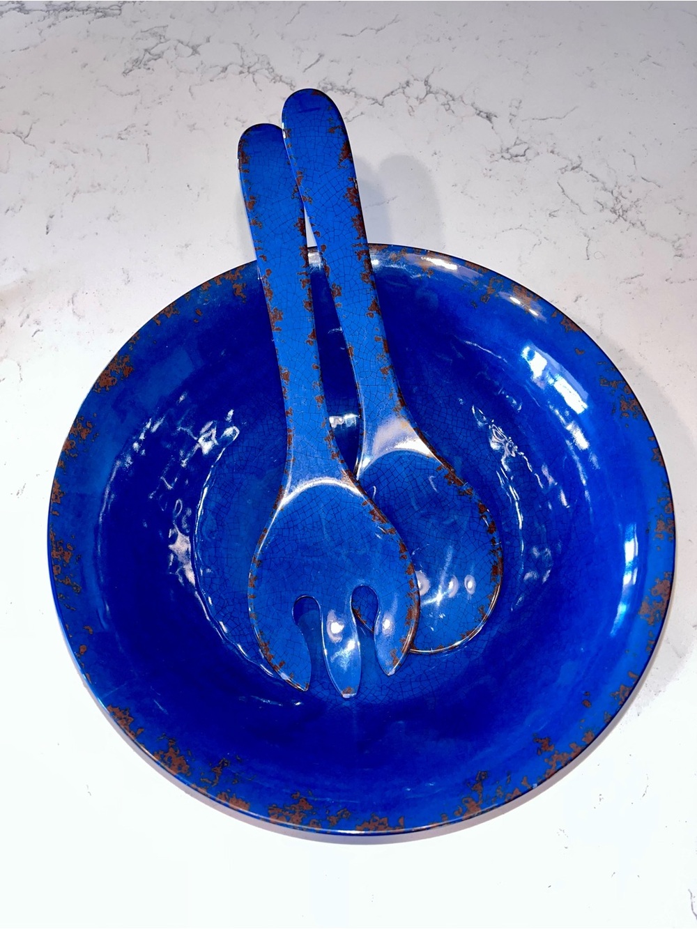 Studio California melamine serving bowl & utensil set cobalt blue rustic style